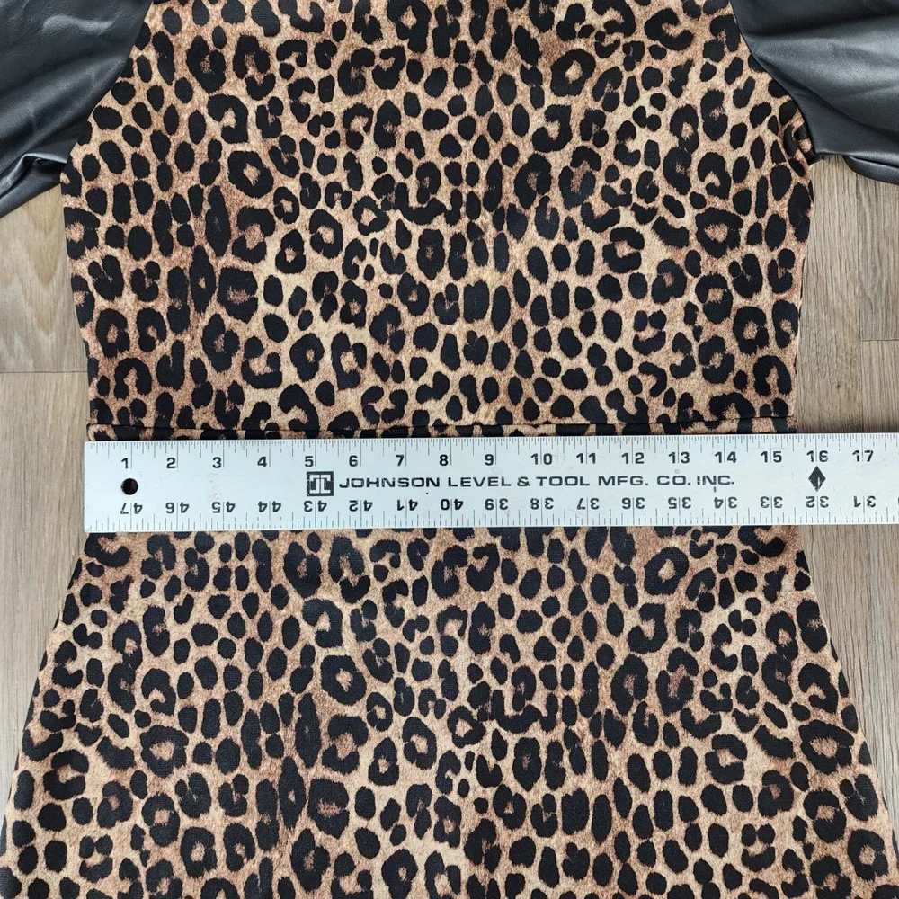 MICHAEL KORS Leopard Print Faux Leather Sleeve Fit‎ Flare Dress Women's Medium